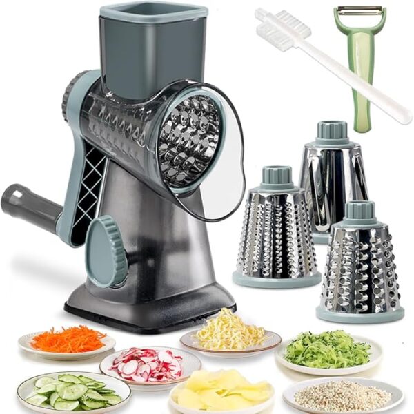 Rotary Cheese Grater Shredder with Handle Handheld Round Mandoline Vegetable Slicer Carrot Shredder Nut Grinder with 3 Replaceable Stainless Steel Drum Blades and Upgrade Strong Suction, Grey/Cyan - Image 2