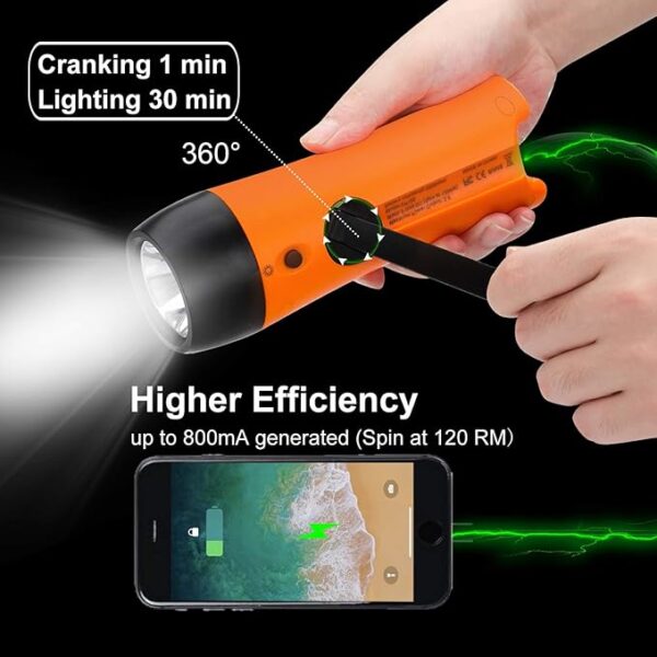 Rechargeable Hand Crank Flashlight/Generator/USB Charger for Phone and Emergency Survival Situations (Orange) - Image 3