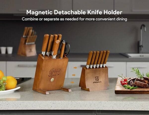 Kitchen Knife Sets With Block, Piklohas 15 Pieces Knife Sets With Magnetic Detachable Knife Holder, High Carbon Steel Damascus Pattern Chef Knife Set With Steak Knives, Ideal For House Warming Gift - Image 3