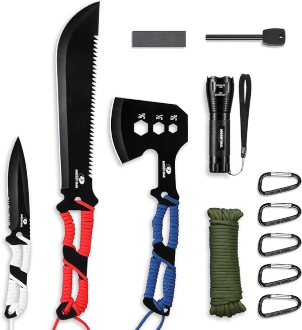 Mossy Oak Hatchet and Machete Knife Set with Sheath, One-Piece Axe & Hunting Knives with Paracord Handle, Zoomable Flashlight, Many Other Tools, Ideal Gift for Men Who Likes Hunting Outdoor Adventure - Image 2
