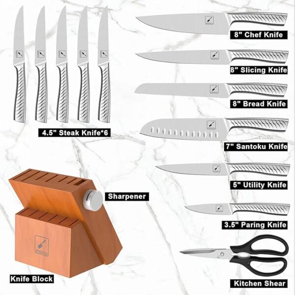 imarku Knife Set,14-Piece Knife Sets for kitchen with block,Premium One-Piece Kitchen Knife Set with Sharpener,High Carbon Stainless Steel Knives Set for Kitchen,Silver,Dishwasher Safe - Image 3