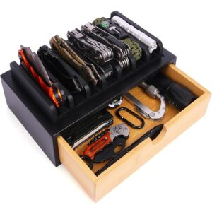 EDC Knife Rack, Pocket Knives Display Case Hold 7 Knives, Wooden EDC Gear Organizer Tray, Accessory Gear Display Organizer Box for Tactical, Survival, Outdoor, EDC Mini Knife - Black