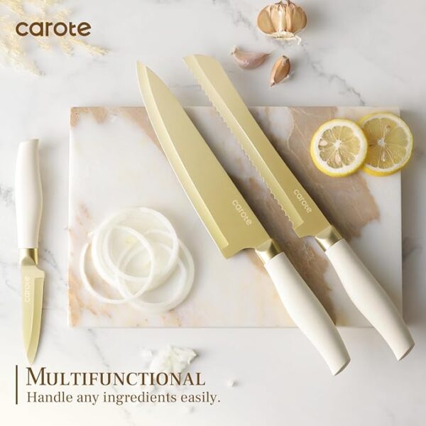 CAROTE 12PCS Kitchen Knife Set, Healthy Gold Titanium Coating Knife Set, Dishwasher Safe with 6 Blade Guards, Rustproof Stainless Steel Cutlery Set, White and Gold - Image 5