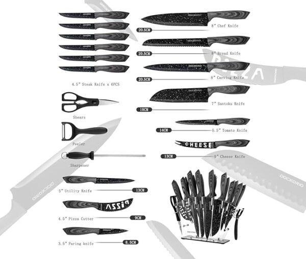 all in one Kitchen Knife Set with Block, 19 PCS High Carbon Stainless Steel Sharp Serrated Steak Knives Set, Chef Knives, Bread Knife, Scissor, Sharpener, - Image 5