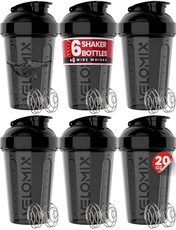 '-6 PACK- Shaker Cups for Protein Shakes 20 oz - 6x Wire Whisk | Leak Proof Protein Shaker Bottle for Protein Shakes, Shaker Bottle Pack for Pre & Post Workout, Shaker Cup