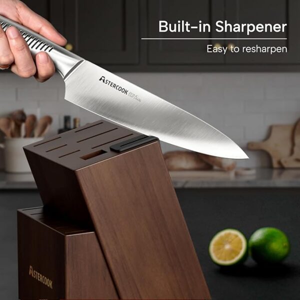Astercook Knife Set, 15 Pieces Full Tang Kitchen Knife Sets with Block and Built-in Sharpener, German Stainless Steel Knives Block Sets Dishwasher Safe - Image 4