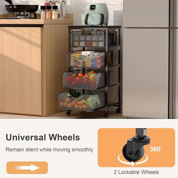 4-Tier Fruit Vegetable Storage Cart - Kitchen Organizer and Storage Cart with Wheels, Wooden Top Metal Wire Fruit Vegetable Rack Stand with Drawers to Storage Onions Potatoes Cans Snacks for Kitchen - Image 3