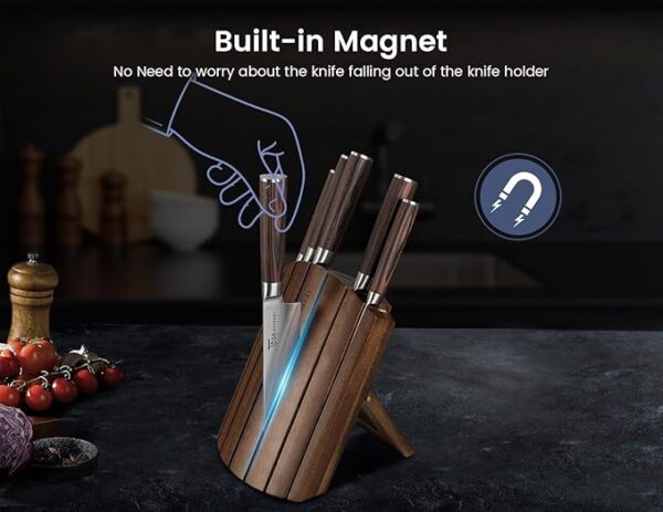 Knife Set 7 Piece Japanese Style Kitchen Knife Set With Foldable Magnetic Acacia Wood Block Sharp High Carbon Stainless Steel Knives Set for Kitchen with Anti-slip Ergonomic Handle - Image 5