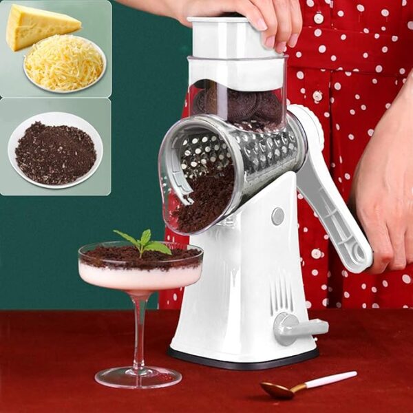 Rotary Cheese Grater Shredder 5-in-1 Tumbling Box Mandoline Vegetable Julienne Slicer Waffle Cutter Nut Chopper with Handle and Strong Suction Base - Image 3