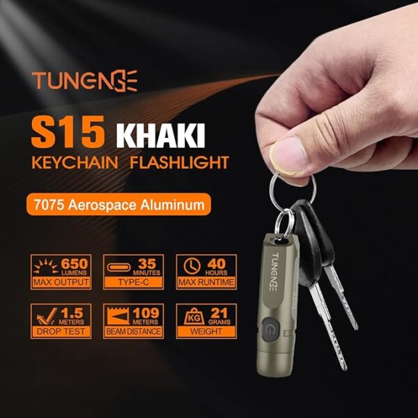 S15 Rechargeable Keychain Flashlight,650 High Lumen EDC Flashlight,Super Bright LED Mini Flashlight Be Suitable for Camping, Hiking,Outdoor Activities,Emergencyï¼Khaki 6500Kï¼ - Image 3