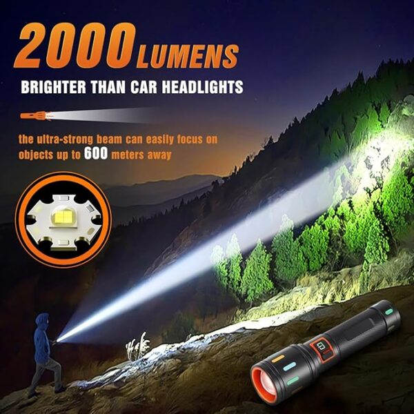 Super Bright Tactical Flashlight, LED Flashlights, High Powered 2000 Lumens with 3 Lighting Modes, Zoomable Waterproof Flash Lights for Emergency, Outdoor, Home, Camping, Hiking 2 Pack - Image 3