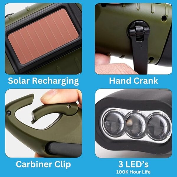 Emblem OD Hand Crank Solar Powered Flashlight, Emergency Rechargeable LED Survival Flashlight with Dynamo Crank and Carbiner Clip. Solar Rechargeable No Batteries Req. Go Bag Supplies. Green (1 Pack) - Image 4