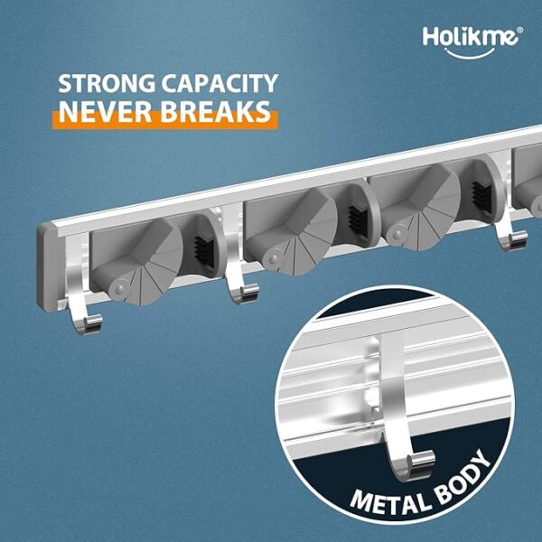 Holikme Mop Broom Holder Wall Mount Metal Pantry Organization and Storage Garden Kitchen Tool Organizer Wall Hanger for Home Goods (4 Positions with 4 Hooks, Silver) - Image 3