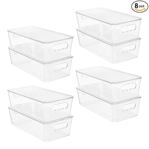 Vtopmart 8pcs Clear Organizers and Storage Bins with Lids, Stackable Plastic Storage Containers with Handles for Fridge, Freezer, Pantry, Cabinet, Kitchen Organization