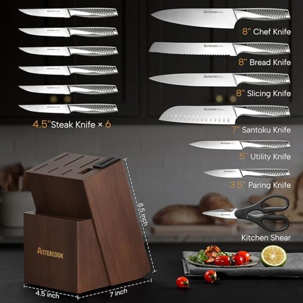 Astercook Knife Set, 15 Pieces Full Tang Kitchen Knife Sets with Block and Built-in Sharpener, German Stainless Steel Knives Block Sets Dishwasher Safe - Image 3