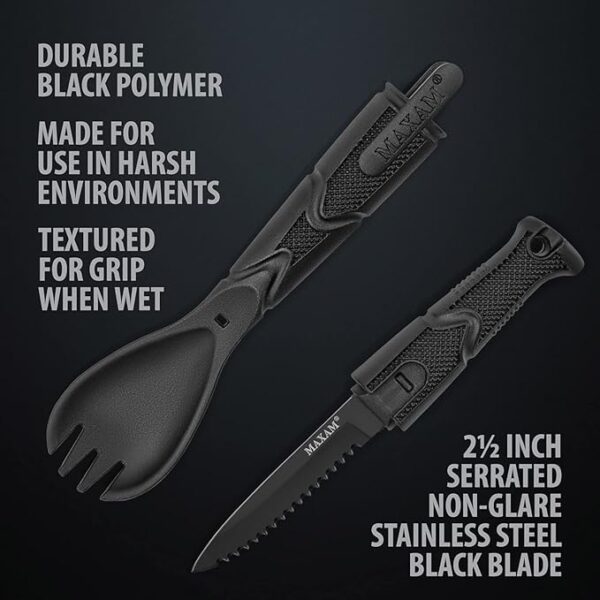 Maxam 3 in 1 Tactical Spork, Black Polymer Handle with Stainless Steel Blade Multi Tool Camp, Spoon Fork Knife Combo - Image 4