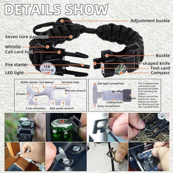 Adjustable Survival Paracord Bracelet, 2 Pack Emergency Fire Starter Kit with Loud Whistle Compass Light Flint Steel for Hiking Fishing Hunting, Tactical Gear Equipment Multitools - Image 4