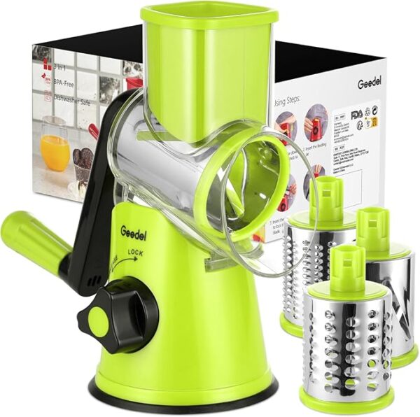 Geedel Rotary Cheese Grater, Kitchen Mandoline Vegetable Slicer with 3 Interchangeable Blades, Easy to Clean Rotary Grater Slicer for Fruit, Vegetables, Nuts - Image 2