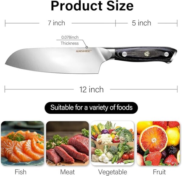 7 Inch Japanese Santoku Knife-Full Tang High Carbon Stainless Steel Professional Chef Knife, Multipurpose Kitchen Blade with Wood Handle&Sheath/Gift Box for Meat, Veggies, Fruits Home & Restaurant - Image 4