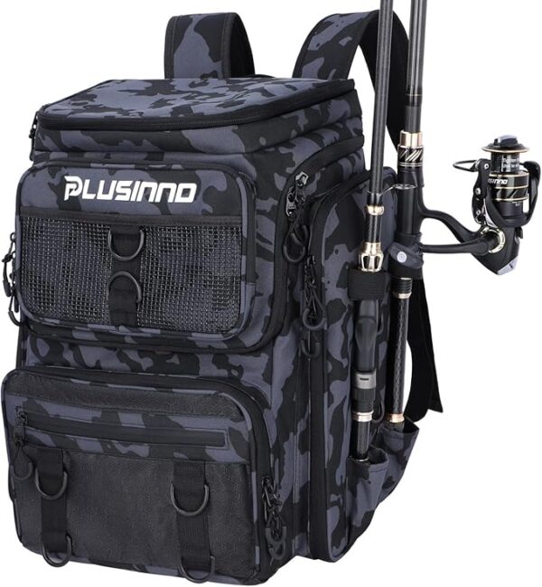 PLUSINNO Fishing Backpack with Rod Holders Tackle Box, 42L Large Water-resistant Fishing Tackle Bag Store Fishing Gear - Image 2