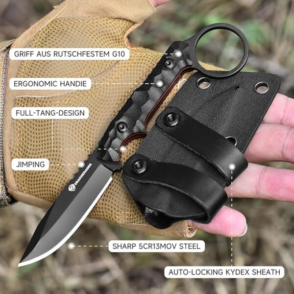 EDC Fixed Blade Knife with Sheath 7.08" Small Horizontal Carry Knifes with Kydex Sheath, Full Tang 5Cr13moV Stainless Steel, Black, Neck Knife, Men Gifts - Image 3