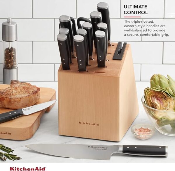 KitchenAid Gourmet Forged Triple Rivet Knife Block Set with Built-in Knife Sharpener, High Carbon Japanese Stainless Steel Kitchen Knives, Sharp Kitchen Knife Set with Block, Birchwood,14-Piece, Black - Image 5