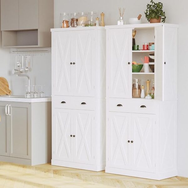 IRONCK Kitchen Pantry Storage Cabinet 72.6" H, with Barn Doors, Drawer, 4 Adjustable Shelves, Freestanding Cupboard for Dining Room Living Room, Laundry, White - Image 4