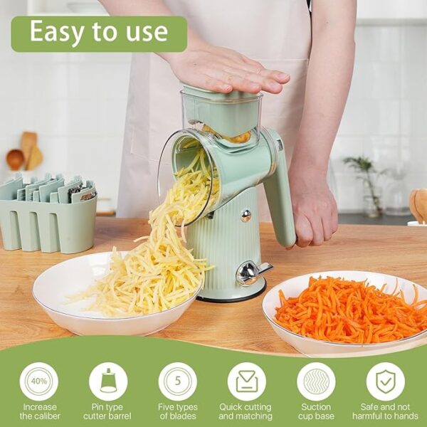 Rotary Cheese Grater,Multifunction 5 In 1 Chopper Vegetable Cutter Slicer, Round Mandoline Drum Slicer,Cheese Shredder,Grater With Handle,Easy to Clean Kitchen Gadgets with Storage Box - Image 4