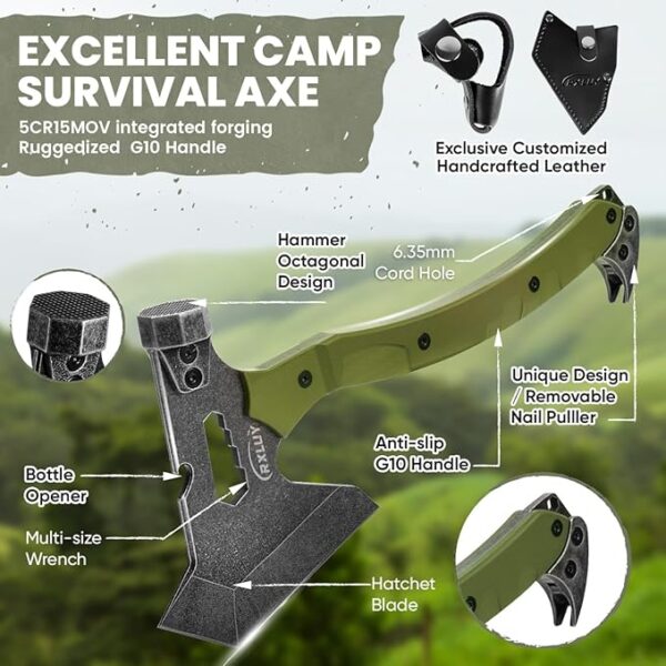 Tactical Axe with G10 Handle Camping Survival Hatchet, Multifunctional Hiking Outdoor Heavy Duty Full Tang Tomahawk Tools with Hammer, Unique Design Crowbar, Leather Sheath (Green) - Image 6