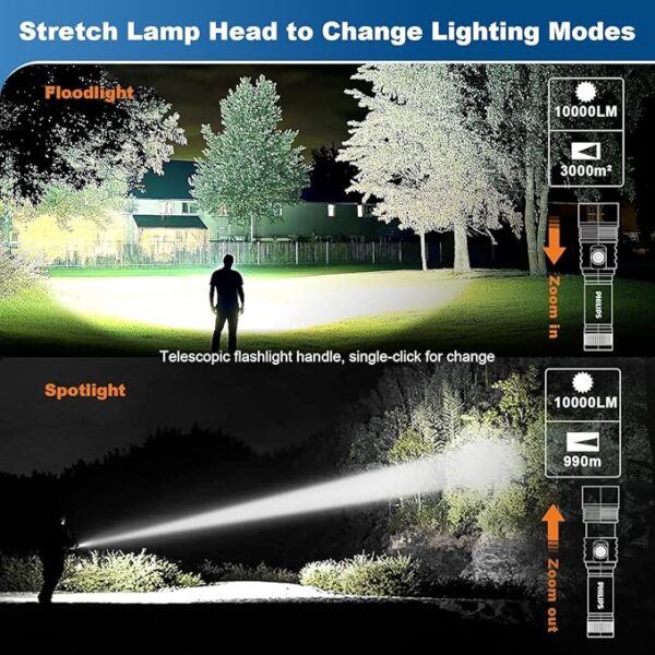 PHILIPS Flashlights High Lumens Rechargeable, 1000000lm Super Bright Flashlight,LED Powerful Flashlight Zoomable,Reverse Charging,5 Lighting Modes for Home,Outdoor Camping Emergency,Gift - Image 3