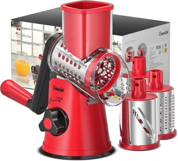 Geedel Rotary Cheese Grater, Kitchen Mandoline Vegetable Slicer with 3 Interchangeable Blades, Easy to Clean Grater for Fruit, Vegetables, Nuts - Image 2