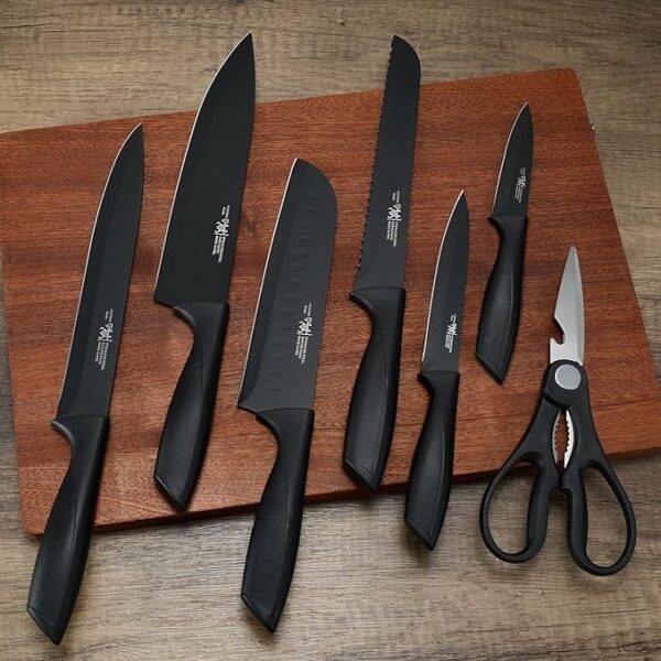 Knife Set, 8-Piece Kitchen Knife Set for Chef, Sharp Knife Set with Universal Knife Block, Anti-Rust Kitchen Knife Block Set, Ergonomical Design (Black) - Image 6