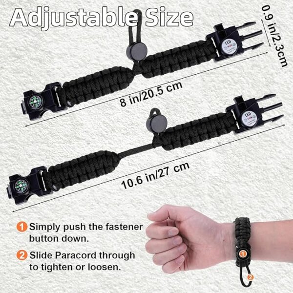 Adjustable Survival Paracord Bracelet, 2 Pack Emergency Fire Starter Kit with Loud Whistle Compass Light Flint Steel for Hiking Fishing Hunting, Tactical Gear Equipment Multitools - Image 3