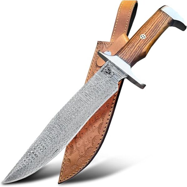 Damascus Fixed Blade Knife with Sheath - Handcrafted Full Tang Bowie Knife for Camping, and Survival - Premium Steel Construction - Includes Sheath - Image 2