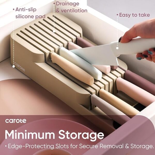 CAROTE 10Pcs Kitchen Knife Set, Dishwasher Safe knife set with In-Drawer Knife Block, Drawer Knife Set with Razor-Sharp Blades, 4 Steak Knives, Pink & Khaki - Image 4
