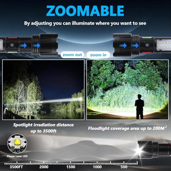 Rechargeable Tactical Flashlight 990000LM High Lumen 5 Modes Super Bright, led Powerful 3300mAh Power Bank with COB Flash Light, Zoomable, Waterproof for Emergencies, Camping, Hiking - Image 3