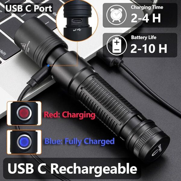 ALONEFIRE H60 LED Flashlight 1800 High Lumens Super Bright USB C Rechargeable 6 Adjustable Modes Waterproof Flash Light with Battery, Lanyard for Camping Emergency Hiking Home(Black) - Image 6