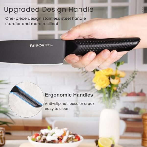 Astercook Knife Set, 15 Pieces Kitchen Knife Sets with Block and Built-in Knife Sharpener, German Stainless Steel Handle One-Piece Design Knives Block Set Dishwasher Safe, Black - Image 4