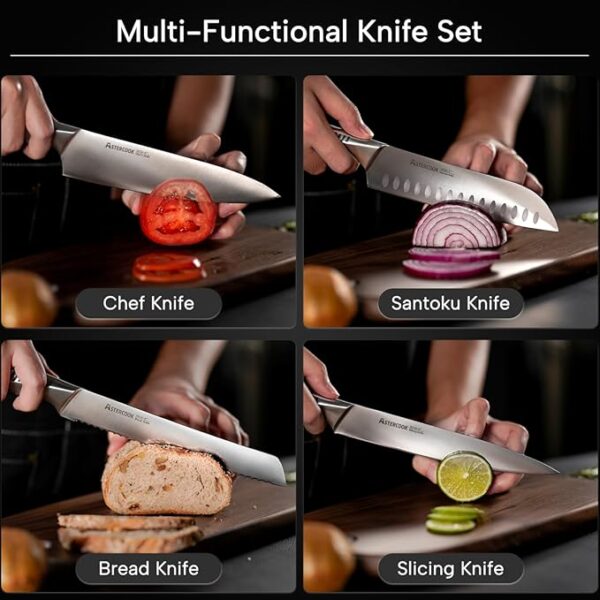 Astercook Knife Set, 15 Pieces Full Tang Kitchen Knife Sets with Block and Built-in Sharpener, German Stainless Steel Knives Block Sets Dishwasher Safe - Image 5