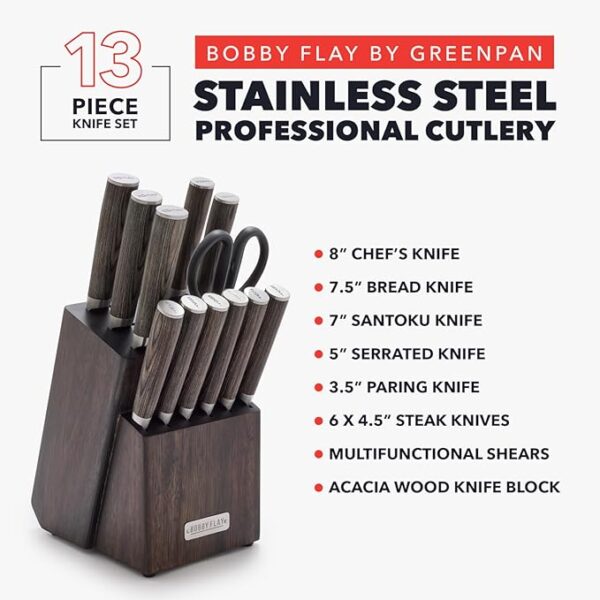 GreenPan x Bobby Flay 13 Piece Stainless Steel Cutlery Kitchen Knife Block Set, Premium Stainless Steel Blades, Acacia Wood Knife Block, Hand Finished Wood Handle, Damascus Steel Design - Image 5