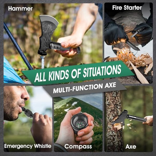 Survival Axe 10 in 1, Outdoor Adventure Tactical Axe, Sharp Camping Hatchet with Outdoor Knife, Compass and Hammer, Multi-Purpose Tool for Forest Travel, Hunting and Camping - Image 5