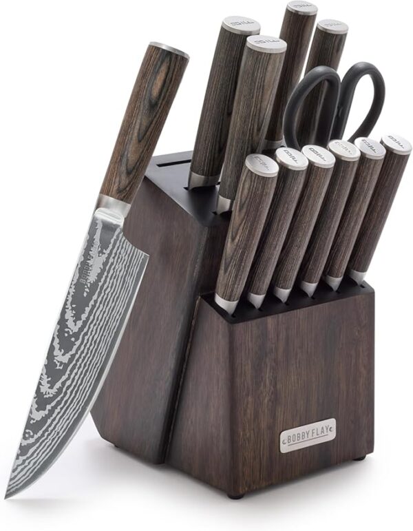 GreenPan x Bobby Flay 13 Piece Stainless Steel Cutlery Kitchen Knife Block Set, Premium Stainless Steel Blades, Acacia Wood Knife Block, Hand Finished Wood Handle, Damascus Steel Design - Image 2