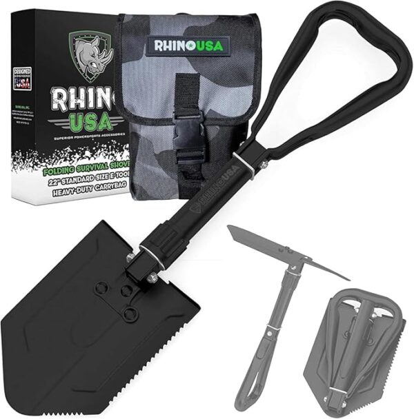 RHINO USA Folding Survival Shovel w/Pick - Heavy Duty Carbon Steel Military Style Entrenching Tool for Off Road, Camping, Gardening, Beach, Digging Dirt, Sand, Mud & Snow. - Image 2