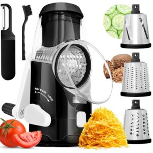 BASSWOOD Rotary Cheese Grater with Handle - Mandoline Slicer with 3 Stainless Steel Drum Blades-Vegetable Slicer Walnuts Grinder Cheese Shredder Round Mandoline with Peeler (Black)