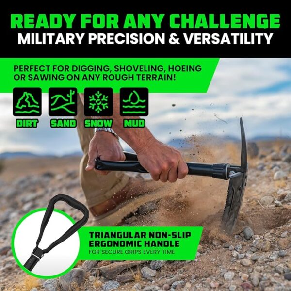 RHINO USA Folding Survival Shovel w/Pick - Heavy Duty Carbon Steel Military Style Entrenching Tool for Off Road, Camping, Gardening, Beach, Digging Dirt, Sand, Mud & Snow. - Image 6