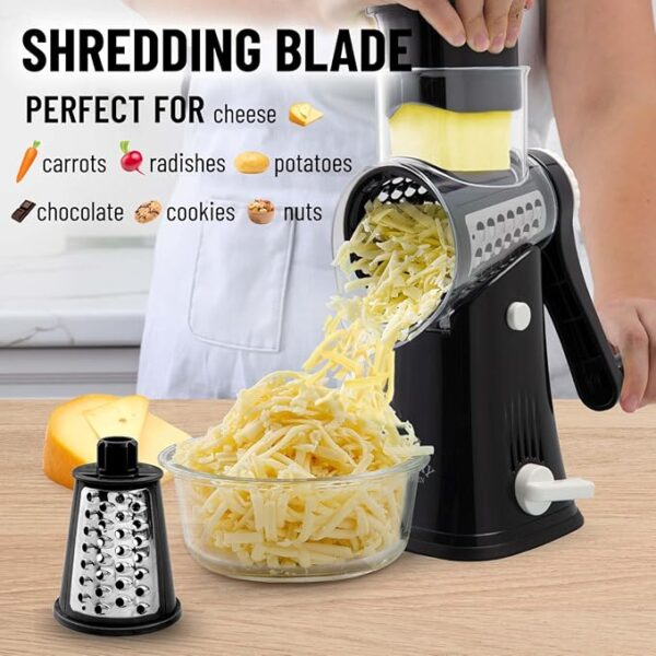 Zulay Kitchen Rotary Cheese Grater 5 Blade Cheese Shredder - Manual Hand Crank Cheese Grater With Reinforced Suction & 5 Interchangeable Drums - Easy to Use, Vegetable Chopper Round Mandoline Slicer - Image 4