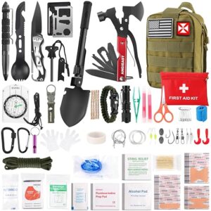 Survival Kit 256 in 1, First Aid Kit Survival Gear Tools Trauma Kit with Molle Pouch for Outdoor, Camping, Hunting, Hiking, Earthquake, Home, Office, Gifts for Men Dad Husband Women (Green)