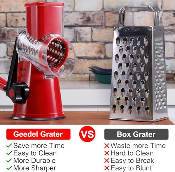 Geedel Rotary Cheese Grater, Kitchen Mandoline Vegetable Slicer with 3 Interchangeable Blades, Easy to Clean Grater and Vegetable Chopper, Onion Chopper Pro Food Chopper, Kitchen Slicer - Image 3