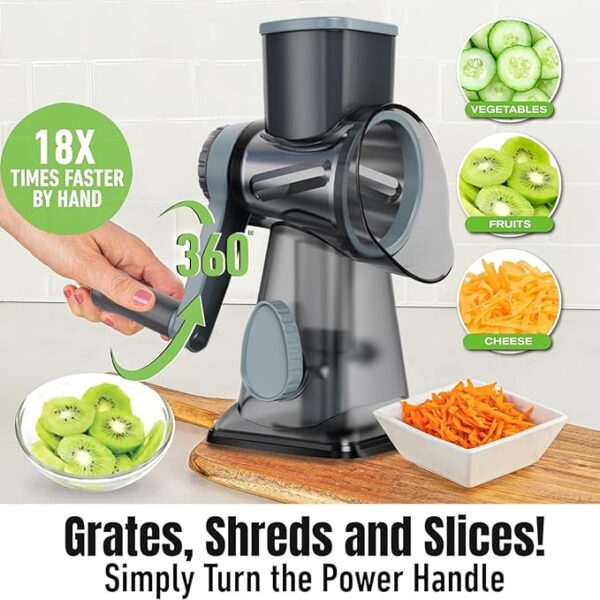 Cheese Grater Hand Crank Rotary Vegetables Shredder with Handle, 3-in-1 Graters with Interchangeable Blades and Strong Suction Base Multifunctional Slicer for Kitchen - Image 5