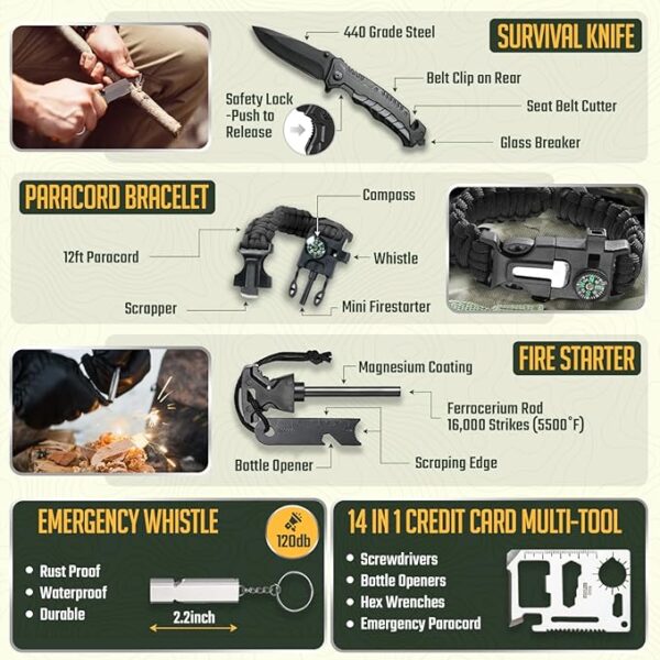 Monterra Survival Kit, 265 Pcs, Emergency Gear and Supplies, First Aid, Bug Out Go Bag, EDC, Molle System Backpack, Hiking, Camping, Outdoor Accessories, Hunting Gifts for Men. - Image 4